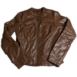 JouJou Women's Brown Faux Leather Moto Jacket XS Zip Front